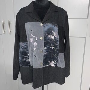 Vtg Notations Woman 1X Floral Jacquard Patchwork Button‎ Up Jacket Artsy Black